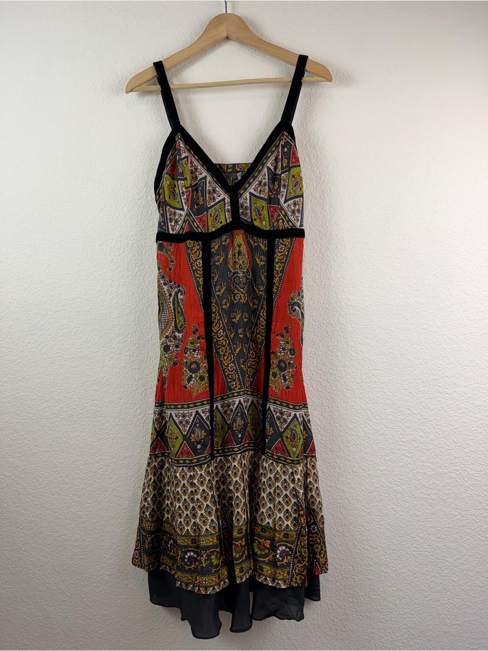 Bohemian Silk Velvet Trim Midi Dress